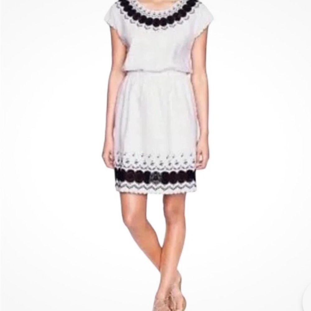 J. Crew Linen Cotton Blend White Mini‎ Dress Navy Crochet Eyelet Design Size 4